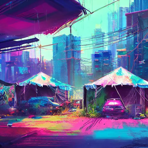 Prompt: acrylic painting, strong emotional impact, bold pastel colors, expressive brushstrokes, overall sense of movement in the composition. hippie bohemian encampment with tie - dye tents and a garden. cyberpunk art by liam wong, cgsociety, panfuturism, nature utopia, anime aesthetic