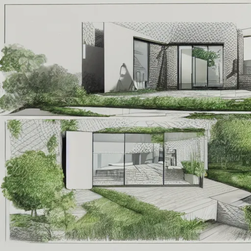 Image similar to an architectural drawing of a modern house with a courtyard, detailed, lush,