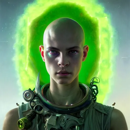 Image similar to portrait painting of a post - apocalyptic bright green haloed bald androgynous teenager with white eyes and green halo, ultra realistic, concept art, intricate details, eerie, highly detailed, photorealistic, octane render, 8 k, unreal engine. art by artgerm and greg rutkowski and charlie bowater and magali villeneuve and alphonse mucha