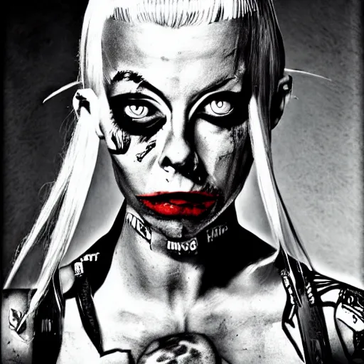 Image similar to die antwoord yolandi portrait, back and white, zef design graffiti in the background, dark lighting, freaky, digital art