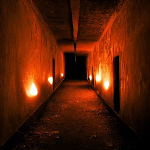 Image similar to A dark hallway made of red sandstone lit up by primitive torches. Red hooded figures stand next to the torches. With there faces hidden by shadow.