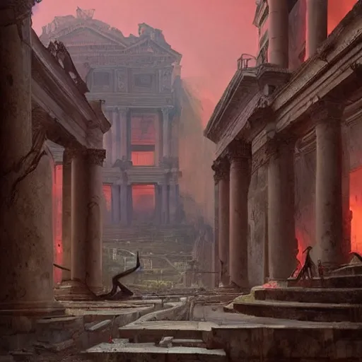 Prompt: neon demons overun ancient rome geog darrow greg rutkowski