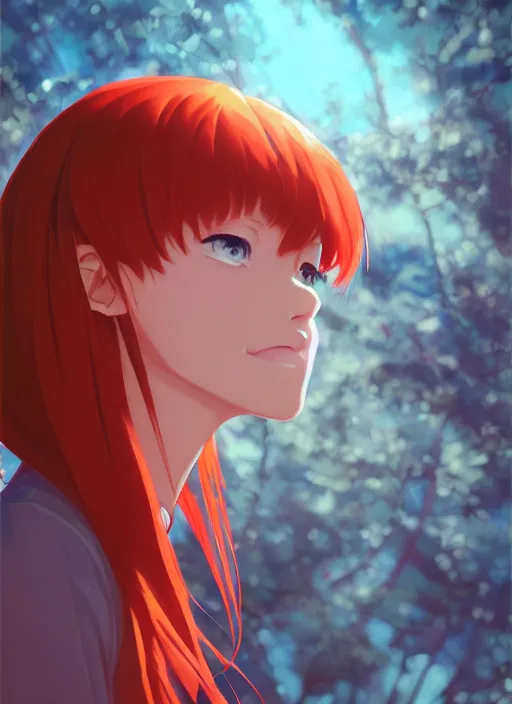 Image similar to highly detailed portrait of asuka langley soryu, carne griffith loish, rhads, makoto shinkai and lois van baarle, ilya kuvshinov, global illumination, radiant light, detailed and intricate environment