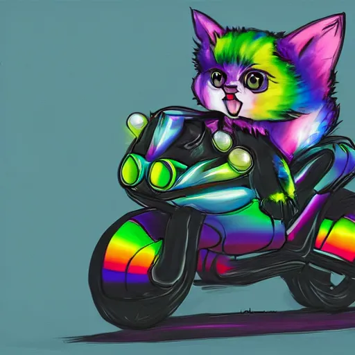 Image similar to wide angle full body, jacket wearing fluffy cute rainbow kitten wearing a black leather motorcycle jacket, riding on a motorcycle, cinematic concept art