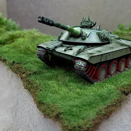 Image similar to 1/35 scale model tanks sieging a tiny city in a garden, 8k, award winning photo, scale model photography,