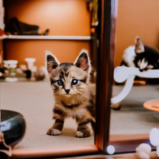 Image similar to puppy kitten inside a japanese thrift store, cinematic light, warm colours, atmospheric, bokeh, 8 k photography