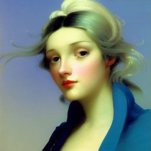 Image similar to young woman's face, her hair is white and she wears a cobalt blue satin cloak, by ivan aivazovsky and syd mead and moebius and gaston bussiere and roger dean and wojciech siudmak and pieter claesz and paul delaroche and alma tadema and aelbert cuyp, hyperrealistic, volumetric light, octane render