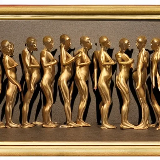 Prompt: A beautiful body art of a group of people standing in a line. They are all facing the same direction and appear to be waiting for something. gold statue by Constant Permeke threatening, graceful