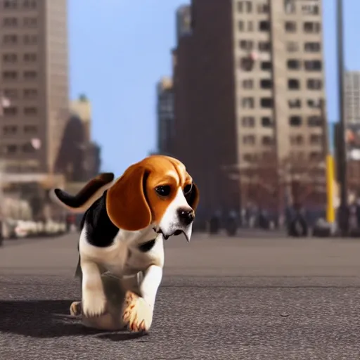 Image similar to gigantic 1 0 0 meters beagle dog attacking a city, epic cinematic, 4 k, very high detail