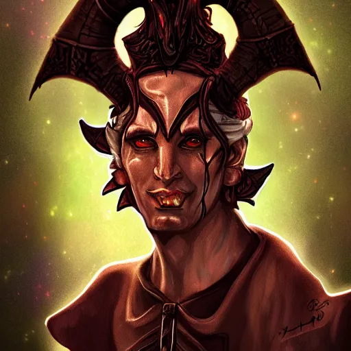 Image similar to tiefling sorcerer, underdark manor, antagonist, digital art, dungeons & dragons