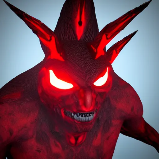 Prompt: black demon with evil face red eyes red mouth, wings, 3 d blender, 8 k, high quality, highly realistic photo realistic