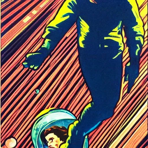 Image similar to a man resembling sebastian stan, floating in space. he is an astronaut, wearing a space suit. well composed, clean elegant painting, beautiful detailed face. comic book art by steve ditko and jack kirby and ( alphonse mucha )