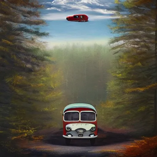 Image similar to a [ 5 0 s bus with wings ] flies above a forest and lake, [ oil painting ]!!, trending on cgsociety, 4 k