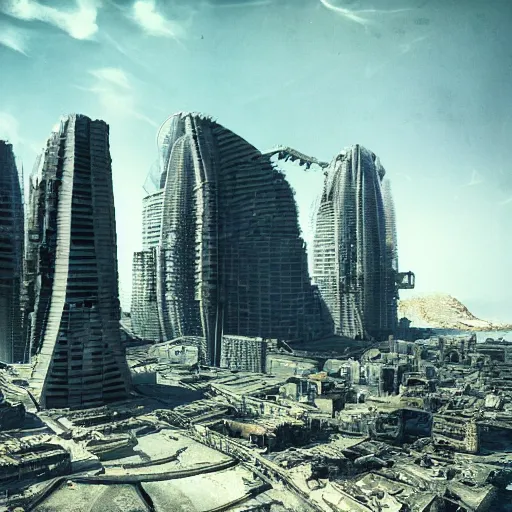 Image similar to futuristic city building out of ruins, ruined city next to new city, san francisco, drones, 2 0 3 9, daguerrotype