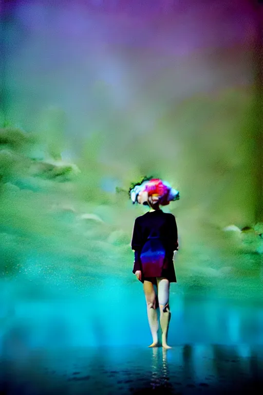 Image similar to high quality pastel coloured film close up wide angle photograph of a model wearing clothing swimming on cloud furniture in a icelandic black rock!! environment in a partially haze filled dreamstate world. three point light, rainbow. photographic production. art directed. pastel colours. volumetric clouds. pastel gradient overlay. waves glitch artefacts. extreme facial clarity. 8 k. filmic.