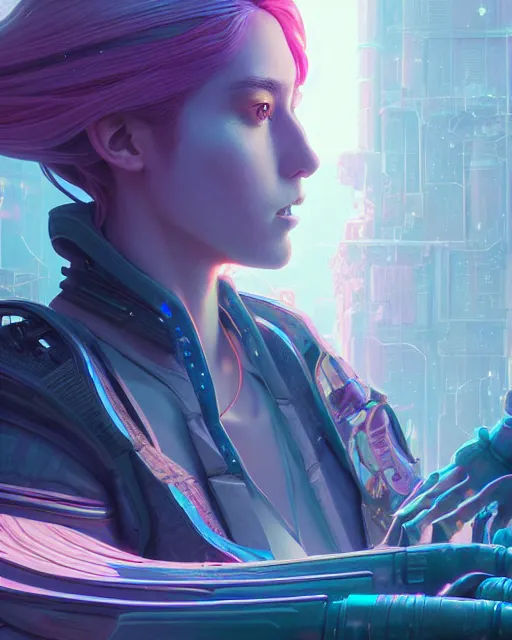 Image similar to highly detailed surreal vfx portrait of a female cyberpunk mage in a majestic castle by golden tree, stephen bliss, unreal engine, greg rutkowski, loish, rhads, beeple, makoto shinkai and lois van baarle, ilya kuvshinov, rossdraws, tom bagshaw, alphonse mucha, global illumination, detailed and intricate environment