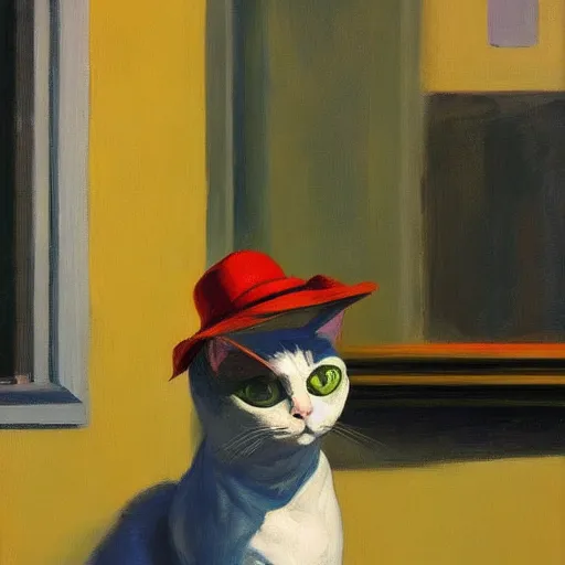 Image similar to a half robot cat wearing a hat, a highly detailed edward hopper painting, by adrian ghenie and gerhard richter. art by james gurney. masterpiece, flat surreal design with deep colours. 8 k. artstation