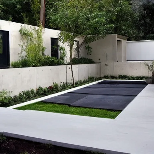 Image similar to small elongated concrete backyard, modern style.