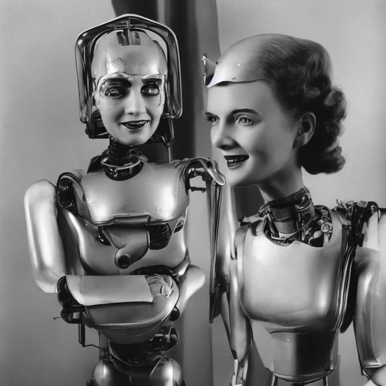 Prompt: 1950s future prediction of an artificially intelligent robot fashion model with stunning eyes smiling at the camera, award winning portrait photo by Annie Leibovitz, super detailed sigma 1.8 55mm boekin