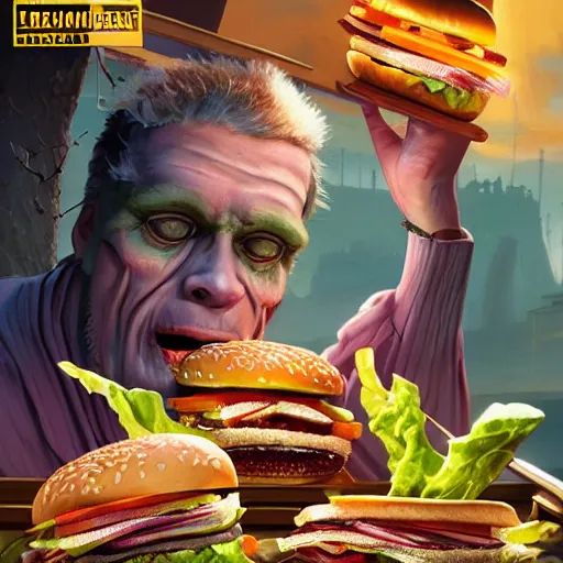 Prompt: Frankenstein eating hamburgers with extra ketchup and mustard, pickles, onions, lettuce, Big Macs, intricate, epic lighting, cinematic composition, hyper realistic, 8k resolution, unreal engine 5, by Artgerm, tooth wu, dan mumford, beeple, wlop, rossdraws, James Jean, Andrei Riabovitchev, Marc Simonetti, yoshitaka Amano, Artstation