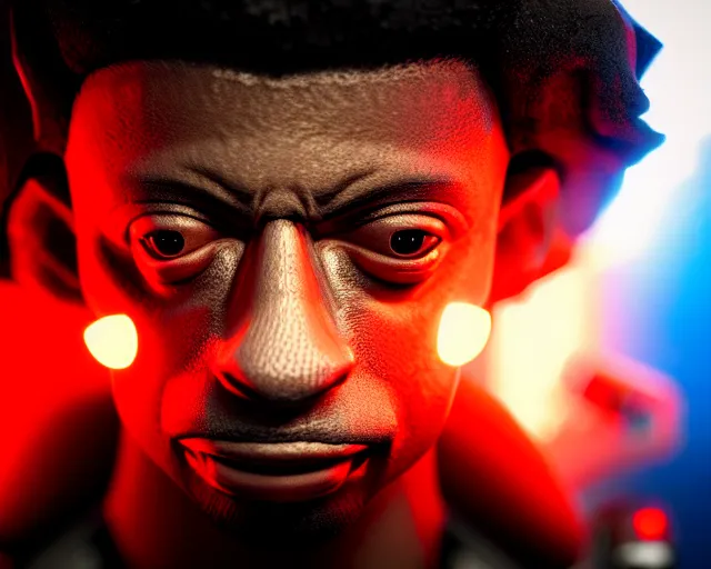 Prompt: 2 8 mm closeup portrait of 2 1 savage top fragging in his live action video game, pipes, wires, dramatic lighting, octane, blue lights, lens flare, industrial, dirty, trending on artstation, golden ratio, h. r. giger, mist, action, volumetric lighting