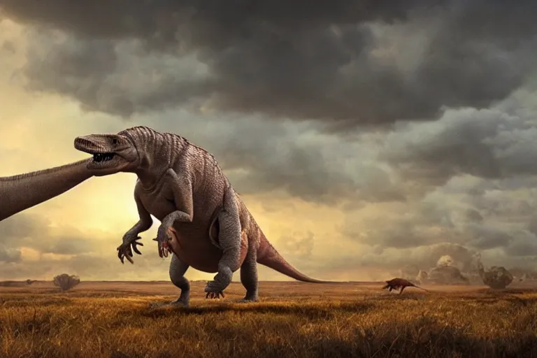 Prompt: a dinosaur walks across prehistoric plain, baobab trees, james gurney, cinematic, detail, ultrarealism, atmospheric, epic, movie still, 3 d, cinematic lighting, illustration