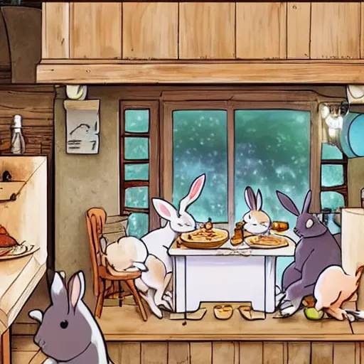 Image similar to rabbits cooking food inside a cozy french kitchen, in the style of studio ghibli