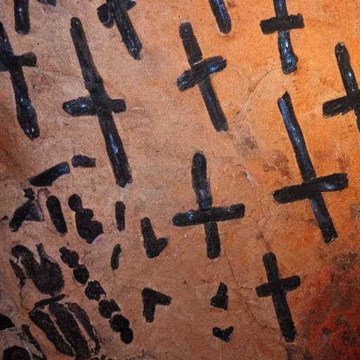 Image similar to cave painting, ultra hd, depiction of crosses and ufos, very detailed