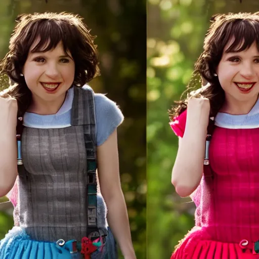 Image similar to Emilia Clark in 'Diary of a Wimpy Kid' costume. Sony a7r IV, symmetric balance, polarizing filter, Photolab, lightroom, 8k, award-winning