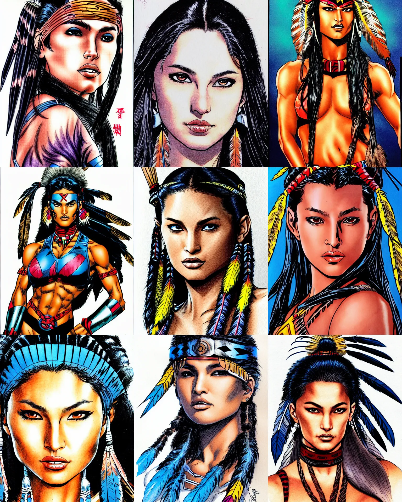 Prompt: jim lee!!! ink colorised airbrushed gouache sketch by jim lee close up headshot of native indian! chinese natalie portman ( ( ( cindy crawford ) ) ) in the style of jim lee, x - men superhero comic book character by jim lee
