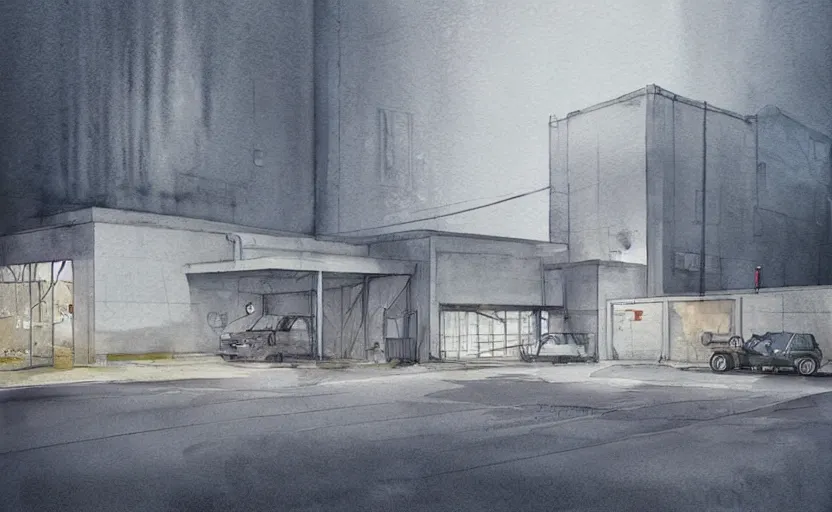 Image similar to concept art of a concrete factory exterior, pinterest, artstation trending, behance, watercolor, by coby whitmore, silver, laser light,