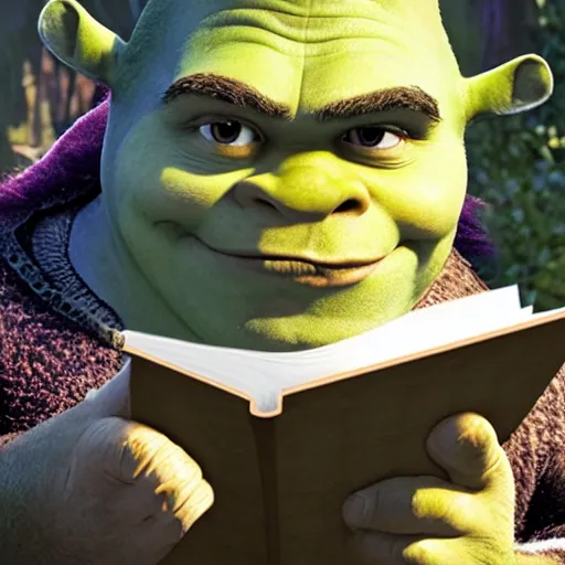 Image similar to behind the scenes photo of Shrek reading the script before a scene