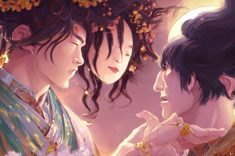 Image similar to close up moment of a divine a japan sun god and a moon goddess lovers magician at a wedding banquet, highly detailed, d & d, fantasy, 4 k realistic, digital painting, trending on artstation, concept art, sharp focus, illustration, art by makoto shinkai and akihiko yoshida and daniel gerhartz