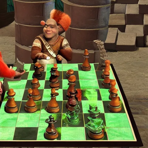Image similar to Shrek Plays Chess with Kratos