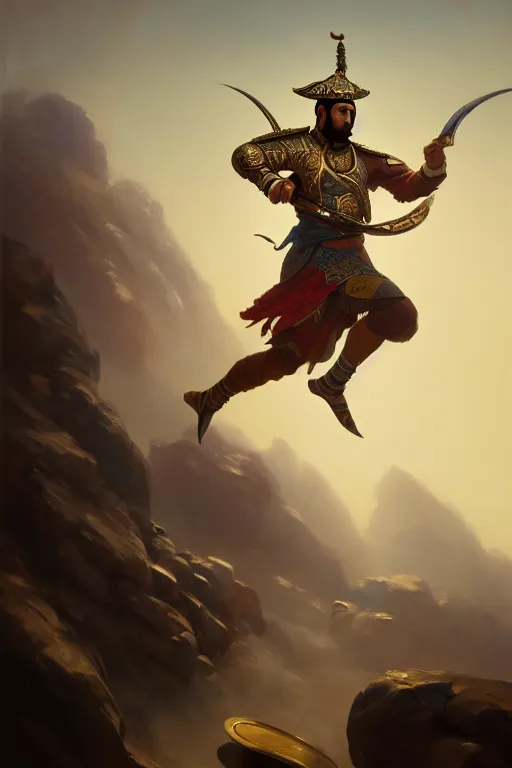 Prompt: a janissary running towards the camera, full body, movement, extremely detailed digital painting, in the style of fenghua zhong and ruan jia and jeremy lipking and peter mohrbacher, mystical colors, rim light, beautiful lighting, 8 k, stunning scene, raytracing, octane, trending on artstation
