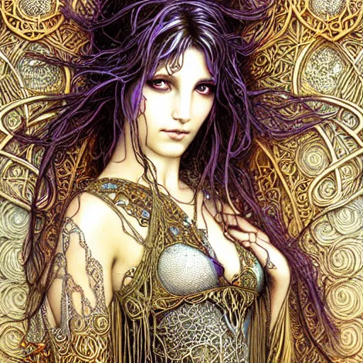 Image similar to a closeup portrait of a beautiful female art nouveau bohemian cyberpunk musician in filigree fractal robes by ted nasmith and luis royo