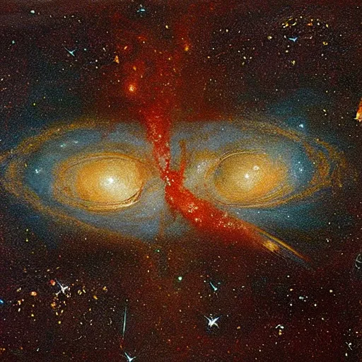 Image similar to a painting by Leonardo Da Vinci of two galaxies colliding