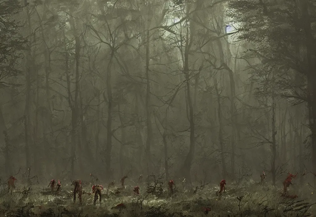 Prompt: zombies in a dense forest, artstation, jakub rozalski, high detail, dramatic lighting, night, rain