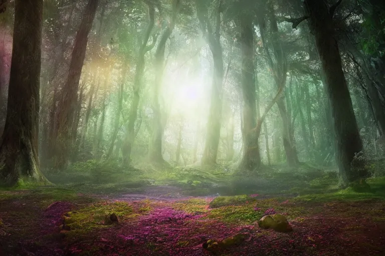 Image similar to A beautiful enchanted forest. There is a cosmic portal. Cinematic lighting. Photorealism.