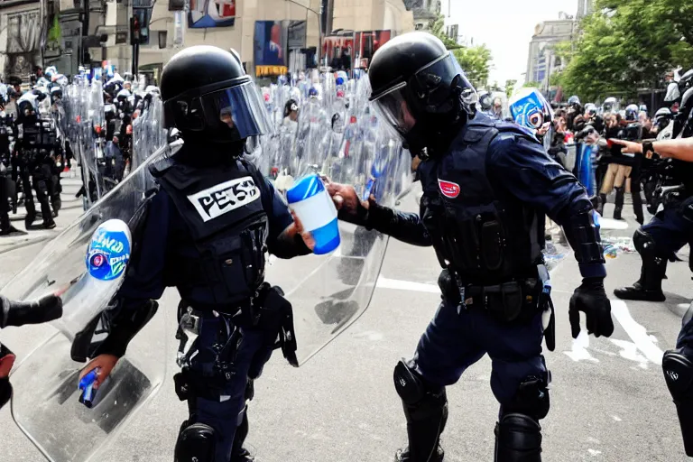 Image similar to beast boy giving a pepsi to riot police and stopping a protest, pepsi ad