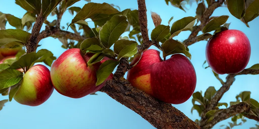 Image similar to an extreme close - up photographic picture of an apple on a tree, photographic filter, unreal engine 5, realistic, hyperdetailed, 8 k, cinematic, volumetric lighting, very realistic effect, hd, hdr, 4 k, sharp focus, octane render, ultra detailed, high resolution, trending on artstation in the style of albert dros glowing rich colors powerful imagery