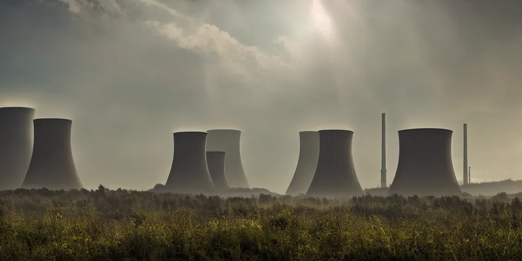 Prompt: nuclear power plant with cooling towers, lost place photo, sunrays, apocalyptic, mist, volumetric lights, wilderness, distropic, dirt, dramatic, cinematic, 8K, trending on artstation