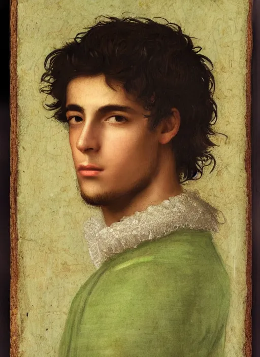 Image similar to a Spanish teenage boy with dark hair and green eyes, sharp jawline with a light beard, done in the style of a renaissance royal portrait