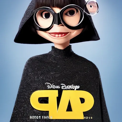 Prompt: an edgy Edna Mode wearing a cape, Pixar (2018)