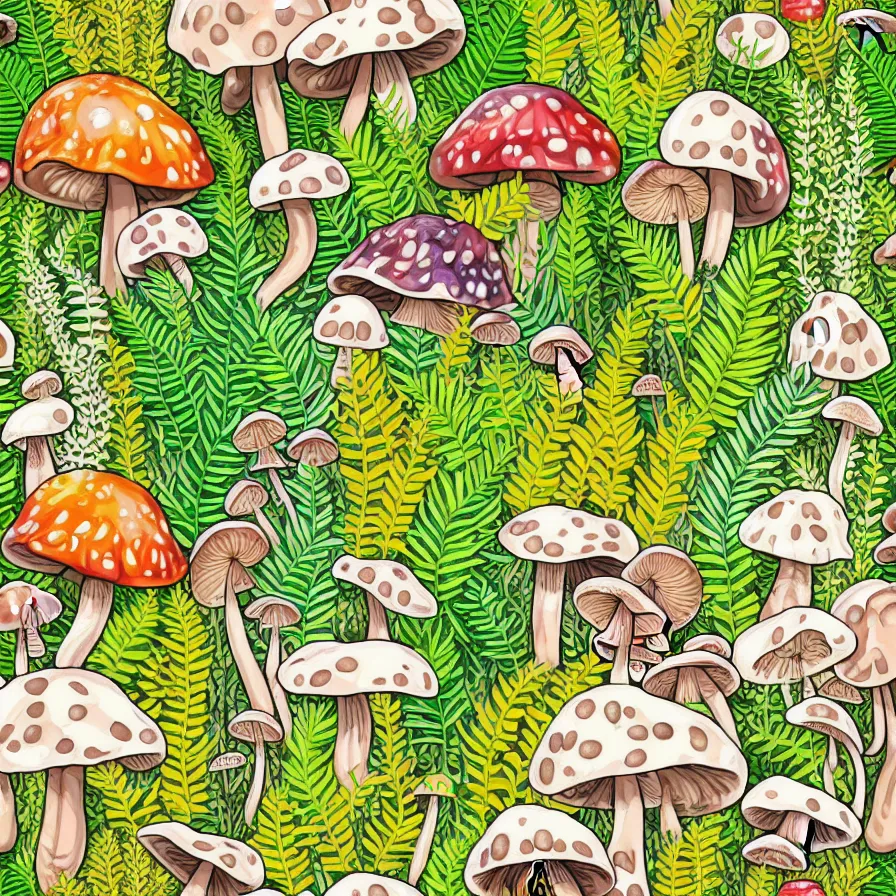 Prompt: plethora of mushrooms and mycelium, vivid natural color hues and natural surroundings, colorful painted patterns and motifs on mushrooms, leaves and ferns, seamless fabric pattern 8K, highly detailed.