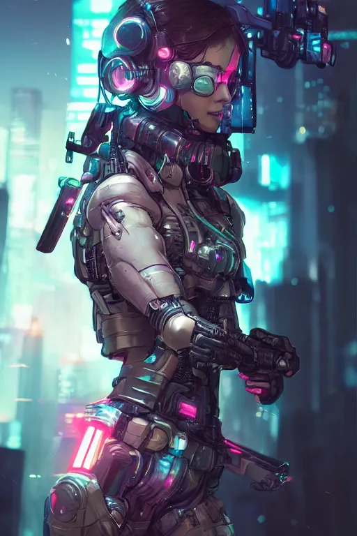 Image similar to beautiful portrait of a heavily armed cyborg mercenary girl, art by wlop and artgerm and liam wong, cyberpunk, neon, intricate details, trending on artstation, sharp focus, caustics, octane render, radiant light, 4 k