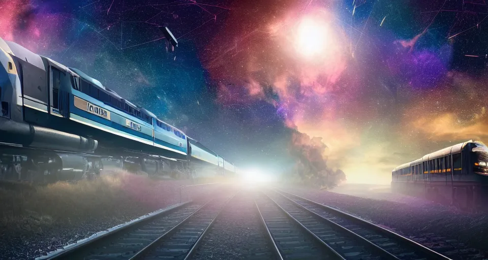 Prompt: inter dimensional sci - fi train far future, travelling across the stars, cosmos, galaxy, 8 k
