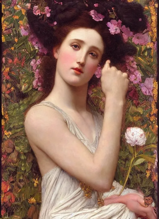 Prompt: masterpiece Queen of flowers by John Collier, John William Godward, Wladislaw Czachorski, by hopare! Theodoros Ralli,