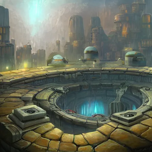 Image similar to a cylindrical pit in the ground with a city inside, painting by Tyler Edlin