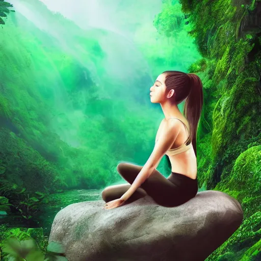 Prompt: a long green ponytail girl meditating on a rock in front of a waterfall, beautiful face, pretty face, digital art, hyper detailed, serene, jungle aesthetic